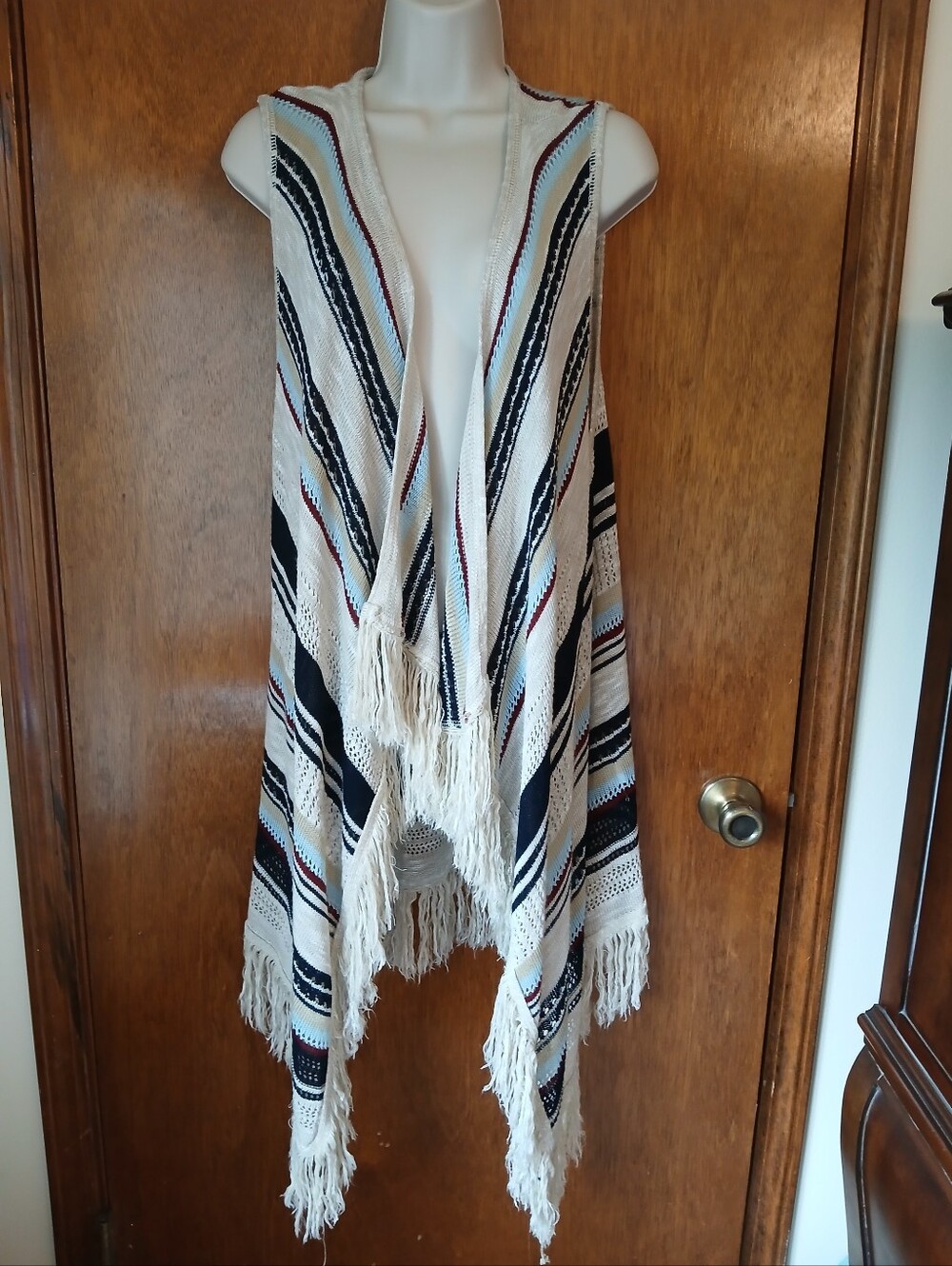 Say What? Fringed Vest Cardigan Sw Aztec Stripe Serape
